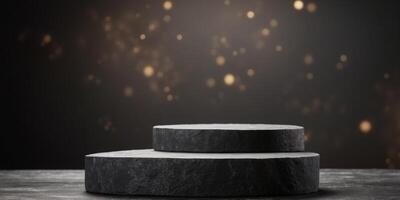 Natural stone and concrete podium in Natural black background for Empty show for packaging product presentation. photo