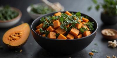 Close up view on a Sweet Potato Hash with greens in a black bowl on a black table. photo