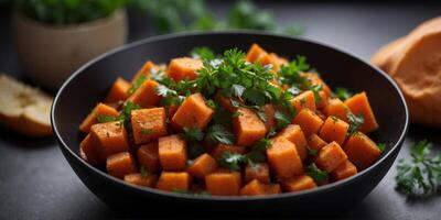 Close up view on a Sweet Potato Hash with parsley in a black bowl. photo