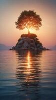 A floating island with a glowing pedestal hovering above the ocean at sunset. photo