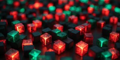 A sharp geometric pattern of neon cubes glowing in bright red and green. photo