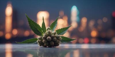 A single cannabis bud rests on a smooth surface with a futuristic cityscape blurred in the background. photo