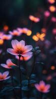 Neon flowers blooming in an alien jungle, glowing brightly in the moonlight. photo