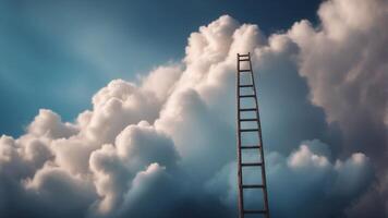 Ladder reaching into a fluffy cloud on a blue background. photo