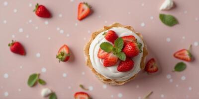 Top down view of a tiny Pavlova dessert decorated with sliced strawberries and mint leaves on a polka dotted pink background. photo