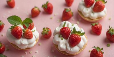 Top down view of a tiny Pavlova dessert decorated with sliced strawberries and mint leaves on a polka dotted pink background. photo