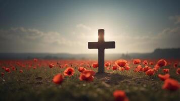 Cross Memorial on Battlefield with Poppies Symbolizing Sacrifice and Remembrance. photo