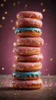 Stack of Delicious Donuts with Pink Glaze and Sprinkles. photo
