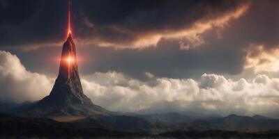A massive alien tower that reaches into the clouds, pulsing with energy. photo