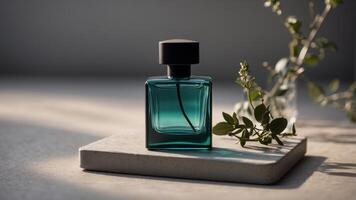 Minimalist perfume bottle on a concrete pedestal with natural shadows. photo