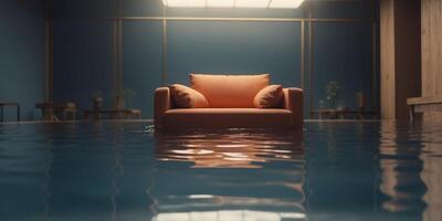 dramatic interior flood scene with submerged furniture and reflections in still water. photo