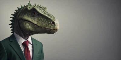 A Green Dinosaur Wearing A Suit And Tie In Front Of A Gray Background. photo