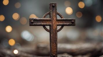 Weathered Metal Cross with Rustic Industrial Design Concept. photo