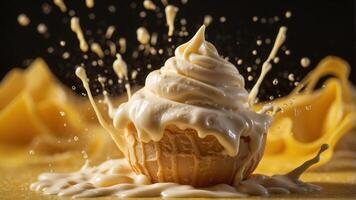 Vanilla ice cream cone splashing in milk on a yellow background. photo