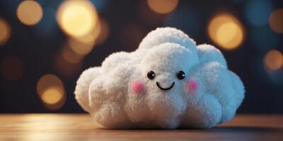 Cute cloud toy with a happy face symbolizing the playful and friendly approach to cloud computing in everyday life and technology. photo