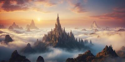 A landscape of towering spires of rock, surrounded by a swirling sea of clouds. photo