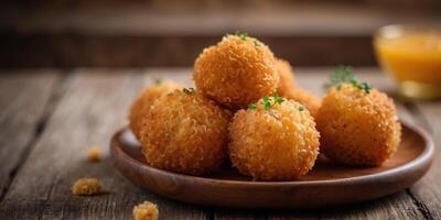 Tasty fried mac and cheese balls topped with a sweet glaze resting on a rustic wooden platter. photo