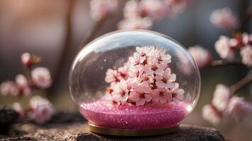 Sparkling pink glitter in a capsule with cherry blossoms. photo