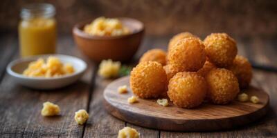 Tasty fried mac and cheese balls topped with a sweet glaze resting on a rustic wooden platter. photo