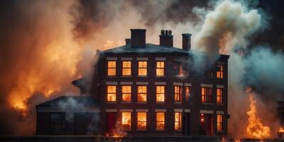 Brick building engulfed in flames with smoke billowing from windows. photo