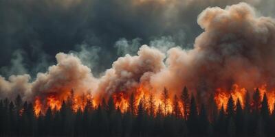 Massive clouds of smoke rising from a forest fire. photo