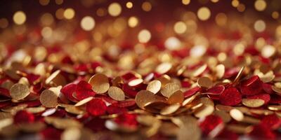 Design a vivid red background filled with floating golden confetti in diverse shapes. photo