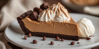 Decadent peanut butter pie with a creamy peanut butter filling and a chocolate cookie crust topped with whipped cream. photo