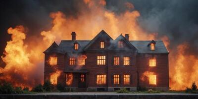 Brick building engulfed in flames with smoke billowing from windows. photo