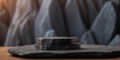 Iridescent black rock podium with iridescent background stone for product presentation. photo