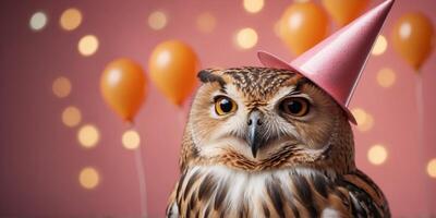 Cute owl wearing party hat in pink and orange background. photo