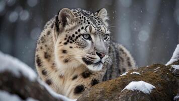 Intense Gaze of a Majestic Snow Leopard Showcasing Its Exquisite Fur and Powerful Presence in the Wild. photo