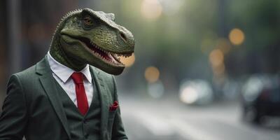 A Green Dinosaur Wearing A Suit And Tie In Front Of A Gray Background. photo