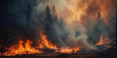 Large wildfire engulfing a dense forest with intense flames and thick smoke. photo