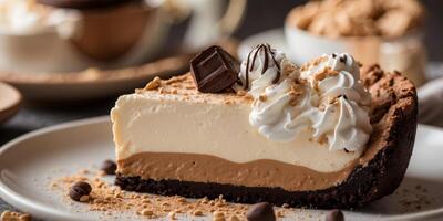 Decadent peanut butter pie with a creamy peanut butter filling and a chocolate cookie crust topped with whipped cream. photo