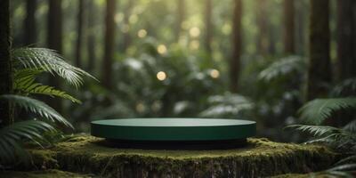 Dark green podium in tropical forest for product presentation. photo
