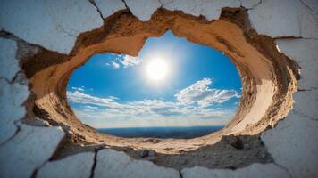 Blue sky and white clouds view through a hole in a cracked wall. photo