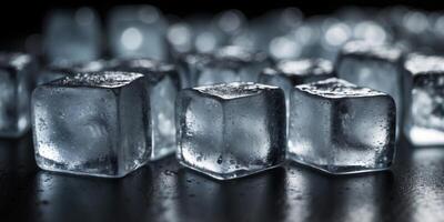 a heap of natural ice cubes on a black background purity and freshness concept background. photo