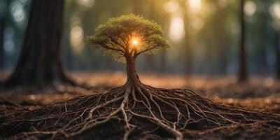 A glowing tree with roots that stretch deep into the earth, radiating arcane power. photo