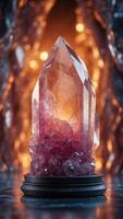 A crystal cavern with an empty glowing pedestal surrounded by sparkling walls. photo