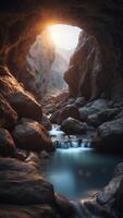 A mystical cave with a glowing stream, and an empty stone illuminated in soft light. photo