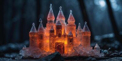 A castle made of ice and fire, glowing with enchantments in a dark forest. photo