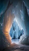 An ice cave with glowing stalactites, where a clear, frozen shelf awaits a product. photo