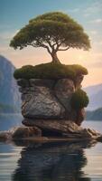 A mystical floating island with an ancient stone altar, ready for a product to be placed. photo