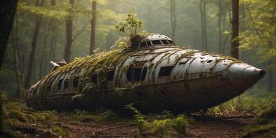 A crashed alien ship in the middle of a dense forest, overgrown with vines. photo