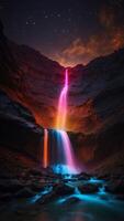 A neon waterfall cascading down from a mountain on an alien moon, glowing in the darkness. photo