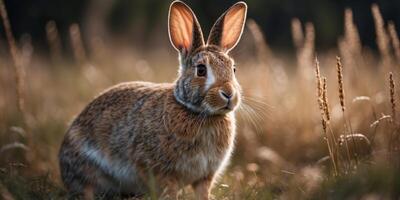 A rabbit with glowing eyes bounding through a field of tall, silver grass. photo