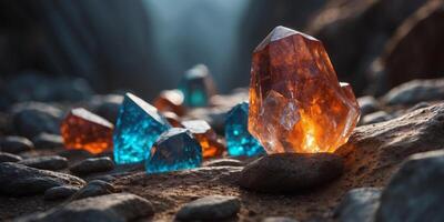 A canyon filled with massive, glowing crystals that pulse with an inner light. photo