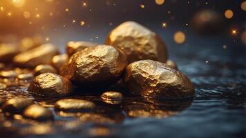 Floating golden rocks in a mystical cosmic scene. photo