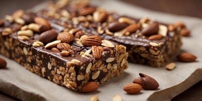 From above of appetizing sweet energy bars with nuts and seeds covered with chocolate. photo