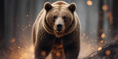A bear with fur that glows like molten lava walking through a forest of ash. photo
